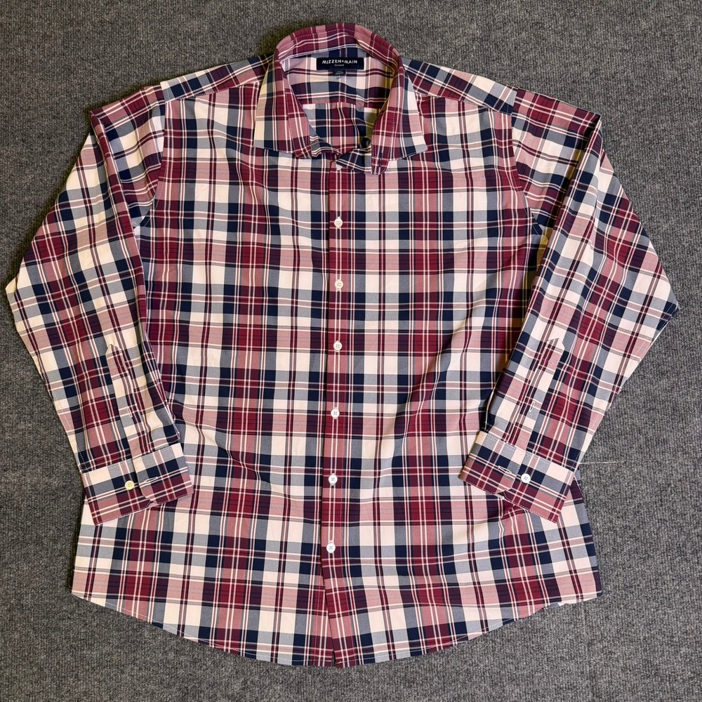 Mizzen+Main Leeward Classic Fit Plaid Performance Dress Shirt XXL Red Blue White